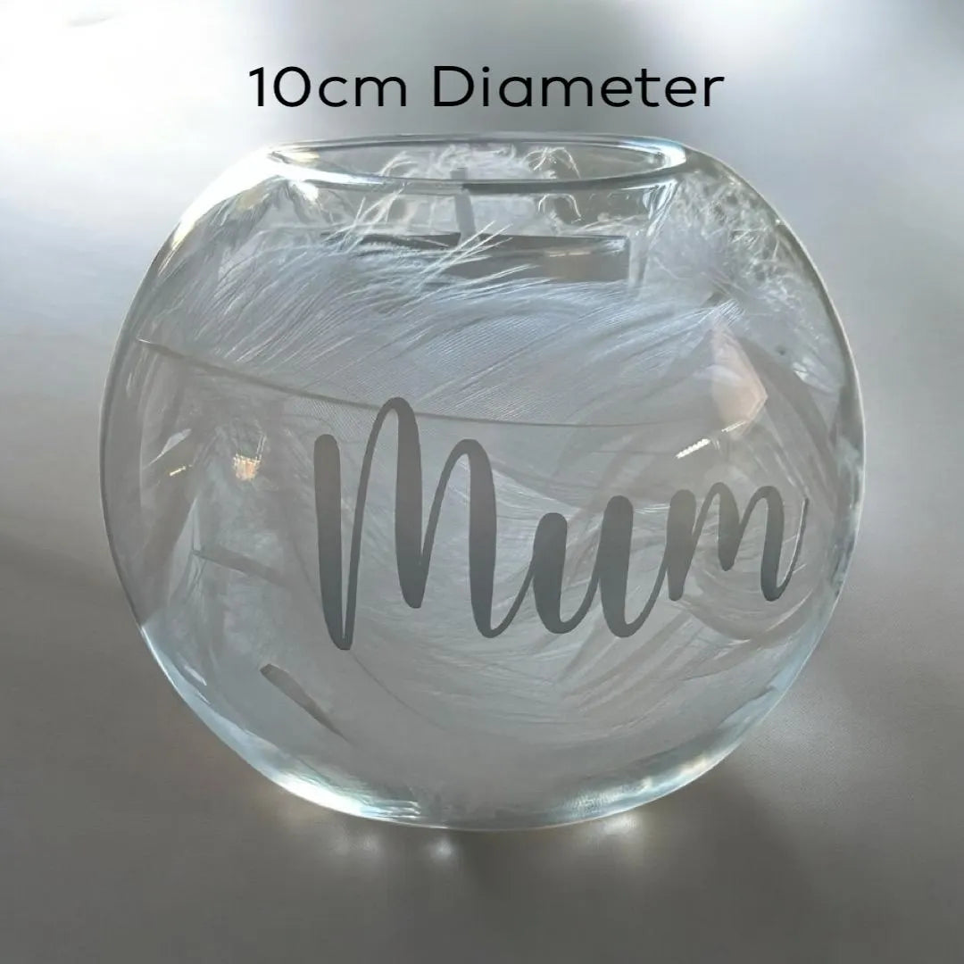 Personalised 10cm Diameter Memorial Glass Candle Holder | Tea Light Holder With White Feathers Lost Loved Ones For Mum, Dad, Nan, Grandad, Any Name