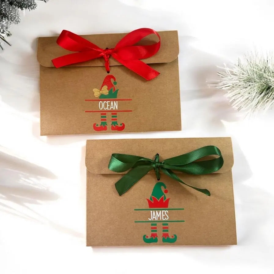 Personalised Elf Kraft Brown Gift Envelope With Ribbon Money/Voucher Loved Ones Gift Lots Of Ribbon Colours Available Secret Santa