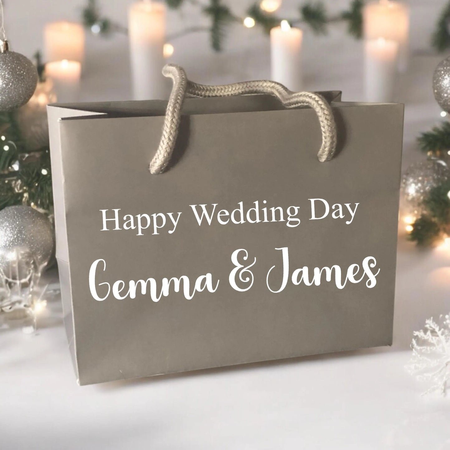 Grey Happy Wedding Day Custom Name Gift Bag With Rope Handle Personalised Small Medium Large Bags Gifts Present Table Gift Surprise