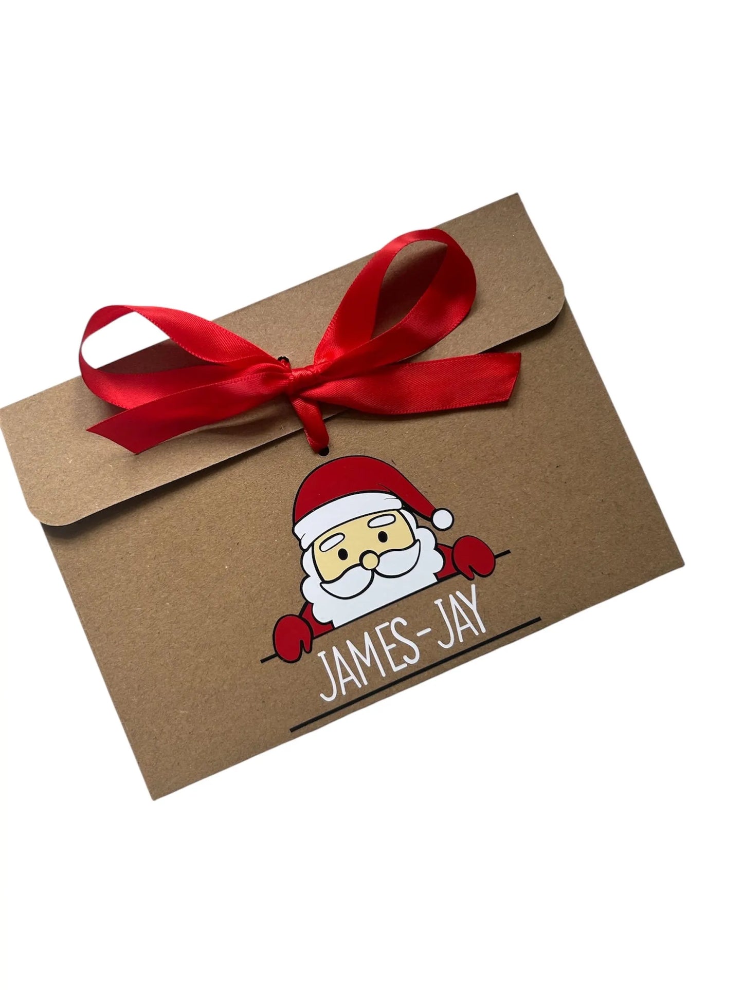 Personalised Santa Father Christmas With Name Kraft Brown Gift Envelope With Ribbon For Money/Voucher Loved Ones Lots Of Ribbon Colours Available
