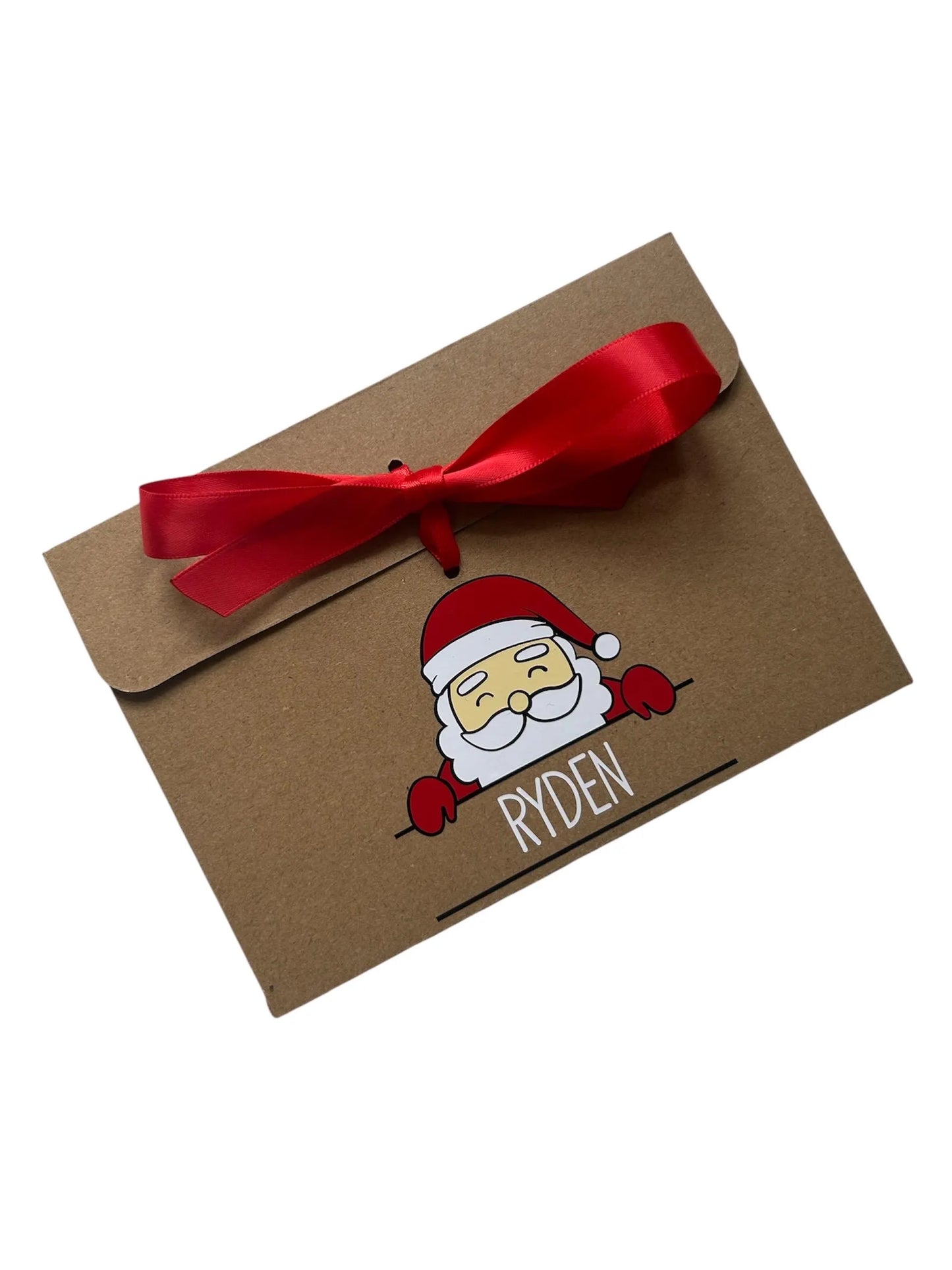 Personalised Santa Father Christmas With Name Kraft Brown Gift Envelope With Ribbon For Money/Voucher Loved Ones Lots Of Ribbon Colours Available