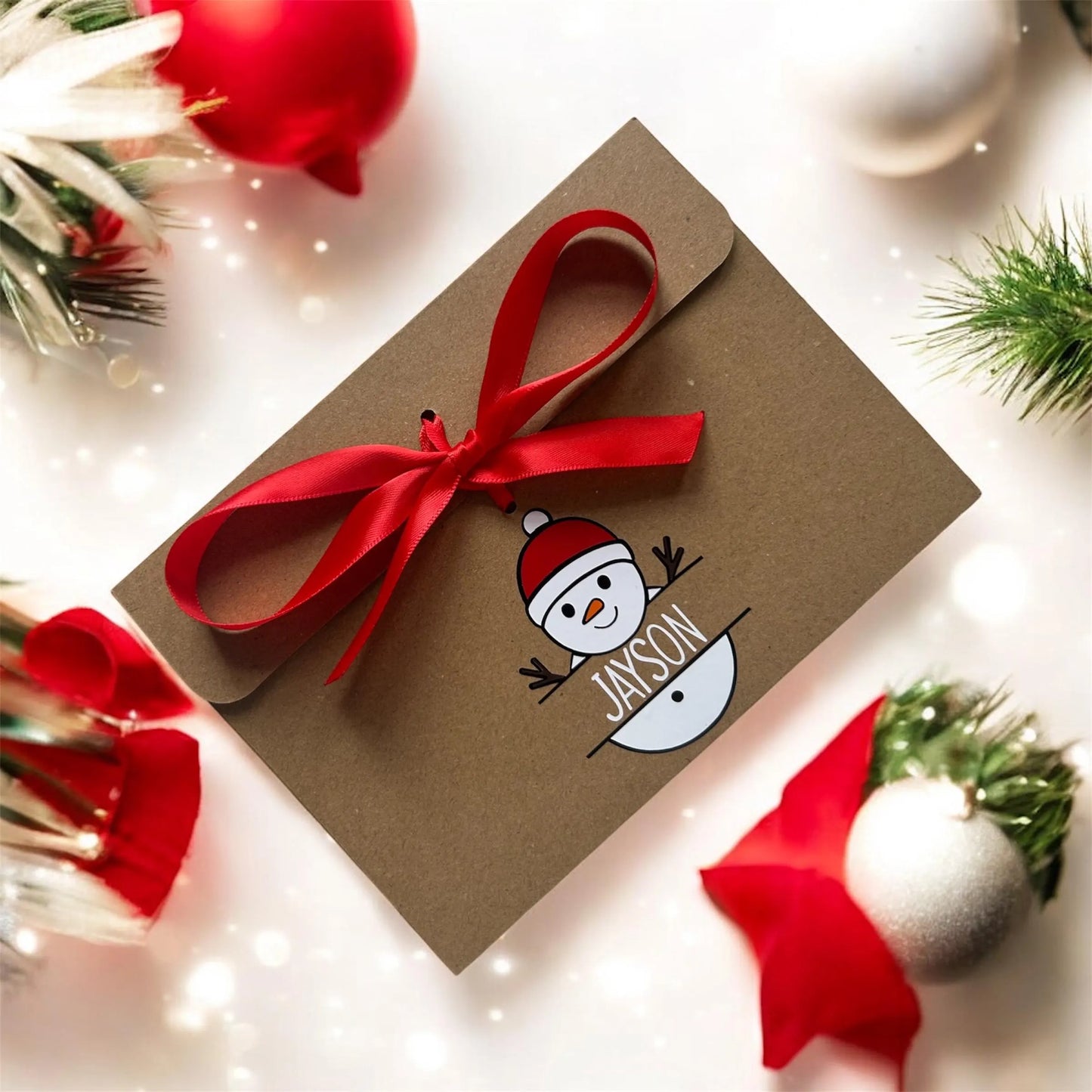 Personalised Snowman With Name Kraft Brown Gift Envelope With Ribbon For Money/Voucher Loved Ones Lots Of Ribbon Colours Available