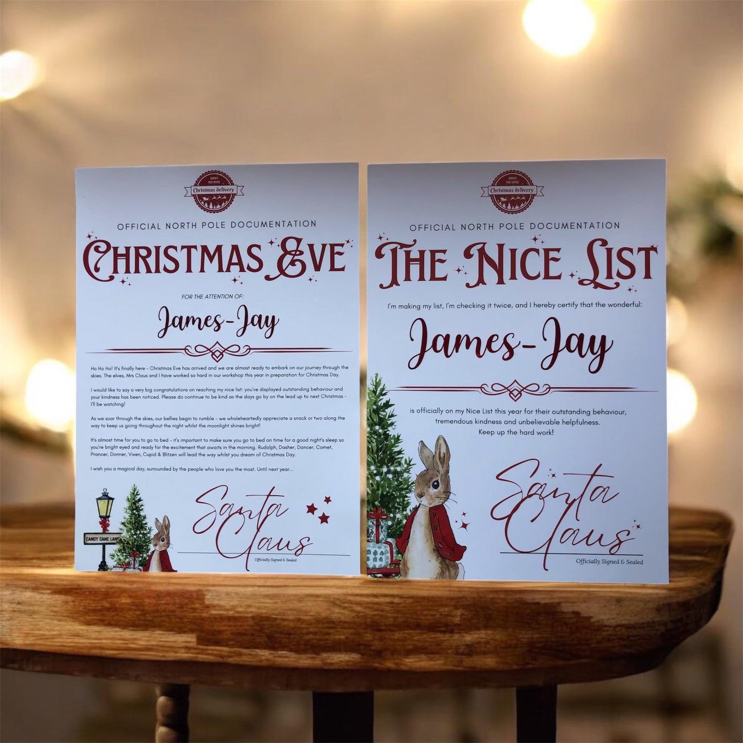 Christmas Eve | Nice List | Santa Letter A4 Certificate Personalised With Name | Xmas Eve Box | Bunny Seasonal Event For Children Kids