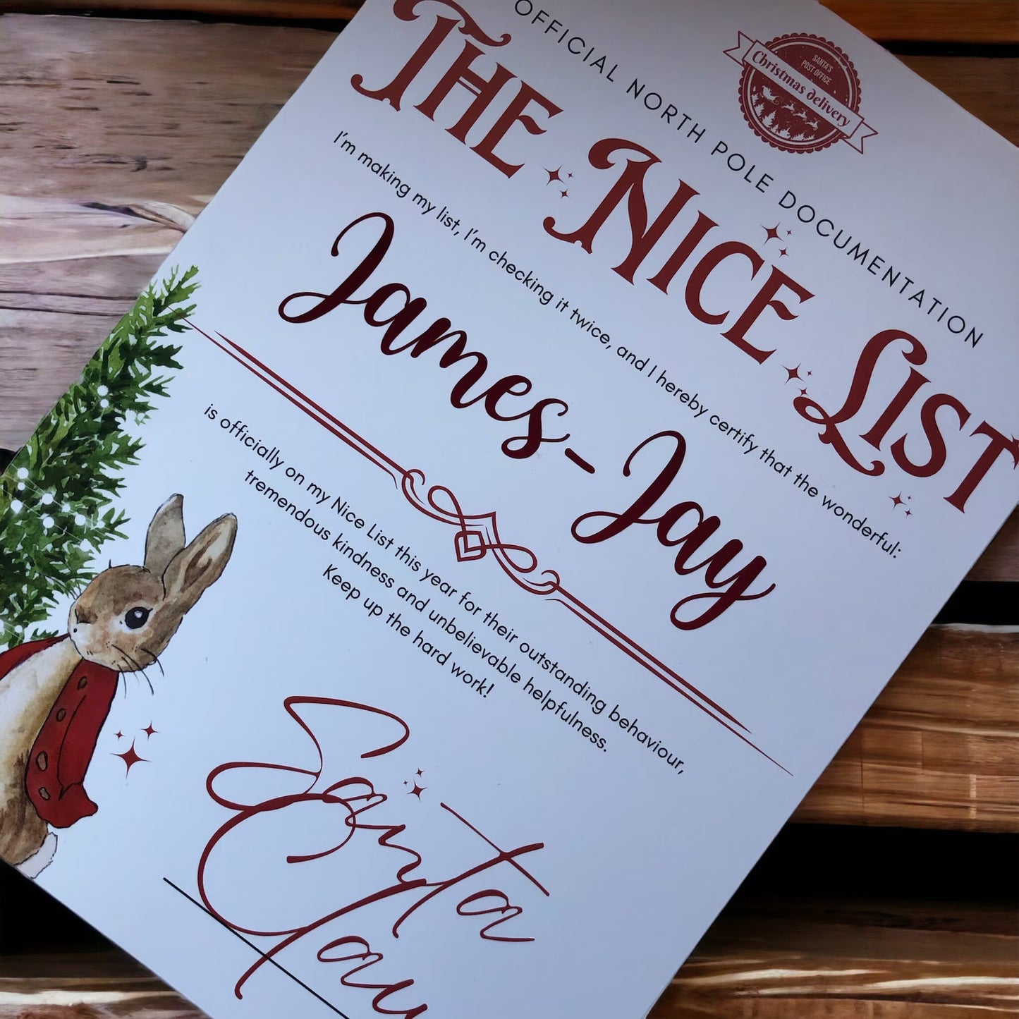 Christmas Eve | Nice List | Santa Letter A4 Certificate Personalised With Name | Xmas Eve Box | Bunny Seasonal Event For Children Kids