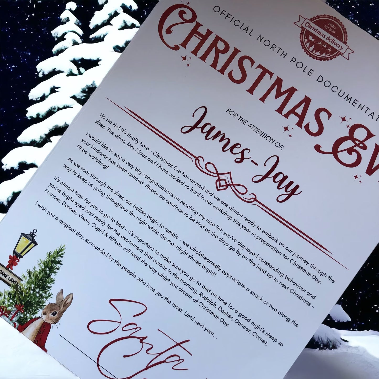 Christmas Eve | Nice List | Santa Letter A4 Certificate Personalised With Name | Xmas Eve Box | Bunny Seasonal Event For Children Kids