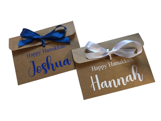 Personalised Happy Hanukkah Kraft Brown Gift Envelope With Ribbon | For Money/Voucher | Loved Ones Lots Of Ribbon Colours Available | Name