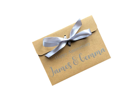 Personalised Happy Anniversary Kraft Brown Gift Envelope With Ribbon | For Money/Voucher | Loved Ones Lots Of Ribbon Colours Available | Name