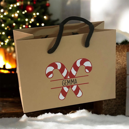 Kraft Brown Candy Cane Christmas Gift Bag With Rope Handle Personalised With Name Small Medium Large Bags Gifts Present Table Gift Surprise