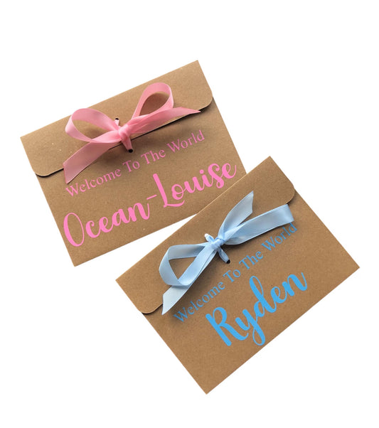 Personalised Welcome To The World Baby Kraft Brown Gift Envelope With Ribbon | For Money/Voucher | Loved Ones Lots Of Ribbon Colours Available | Name