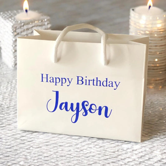 White Happy Birthday Custom Name Gift Bag With Rope Handle Personalised Small Medium Large Bags Gifts Present Table Gift Surprise