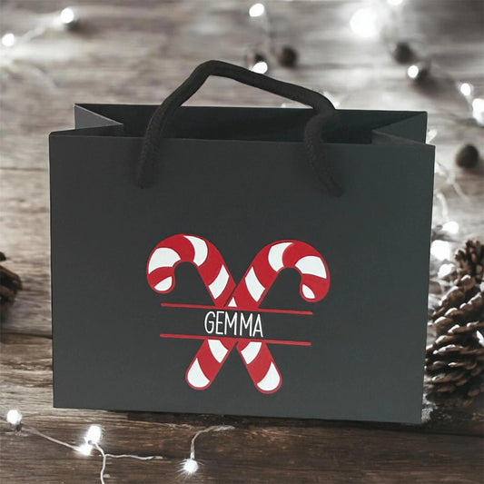 Black Candy Cane Christmas Gift Bag With Rope Handle Personalised With Name Small Medium Large Bags Gifts Present Table Gift Surprise