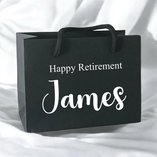 Black Happy Retirement Gift Bag With Rope Handle Personalised With Name Small Medium Large Bags Gifts Present Table Gift Surprise