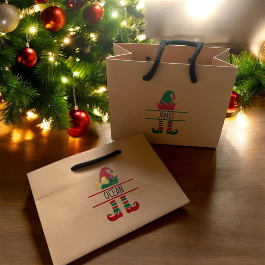 Kraft Brown Elf Christmas Gift Bag With Rope Handle Personalised With Name Small Medium Large Bags Gifts Present Table Gift Surprise