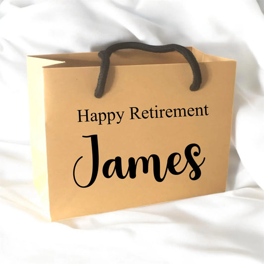 Kraft Brown Happy Retirement Gift Bag With Rope Handle Personalised With Name Small Medium Large Bags Gifts Present Table Gift Surprise