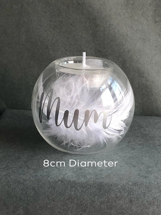 Personalised 8cm Diameter Memorial Glass Candle Holder | Tea Light Holder With White Feathers Lost Loved Ones For Mum, Dad, Nan, Grandad, Any Name