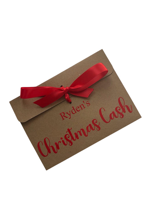 Personalised Christmas Cash Kraft Brown Gift Envelope With Ribbon | For Money/Voucher | Loved Ones Lots Of Ribbon Colours Available | Name