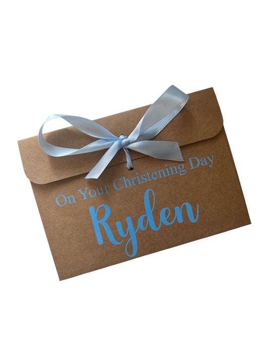 Personalised Christening Kraft Brown Gift Envelope With Ribbon | For Money/Voucher | Loved Ones Lots Of Ribbon Colours Available | Name
