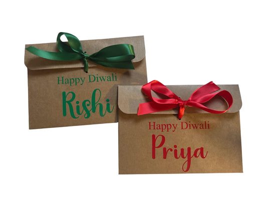 Personalised Happy Diwali Kraft Brown Gift Envelope With Ribbon | For Money/Voucher | Loved Ones Lots Of Ribbon Colours Available | Name