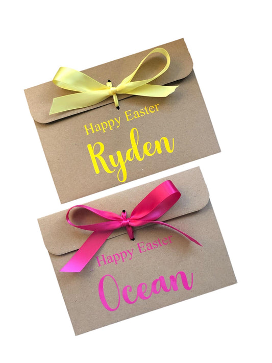 Personalised Happy Easter Kraft Brown Gift Envelope With Ribbon | For Money/Voucher | Loved Ones Lots Of Ribbon Colours Available | Name