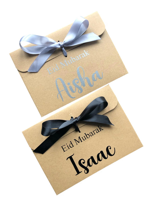 Personalised Eid Mubarak Kraft Brown Gift Envelope With Ribbon | For Money/Voucher | Loved Ones Lots Of Ribbon Colours Available | Name