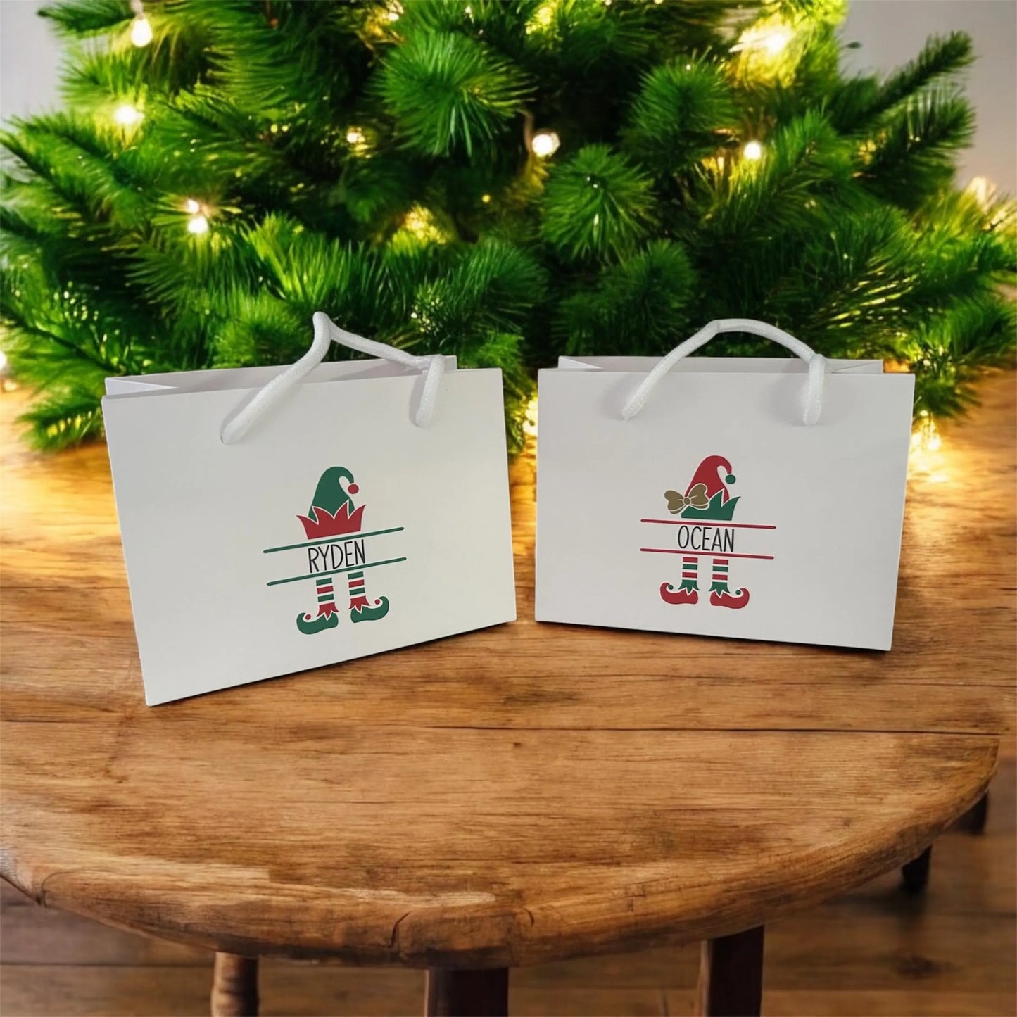 White Elf Christmas Gift Bag With Rope Handle Personalised With Name Small Medium Large Bags Gifts Present Table Gift Surprise