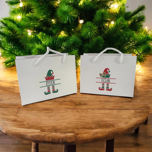 White Elf Christmas Gift Bag With Rope Handle Personalised With Name Small Medium Large Bags Gifts Present Table Gift Surprise