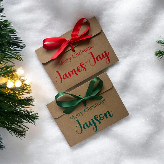 Personalised Merry Christmas Kraft Brown Gift Envelope With Ribbon | For Money/Voucher | Loved Ones Lots Of Ribbon Colours Available | Name