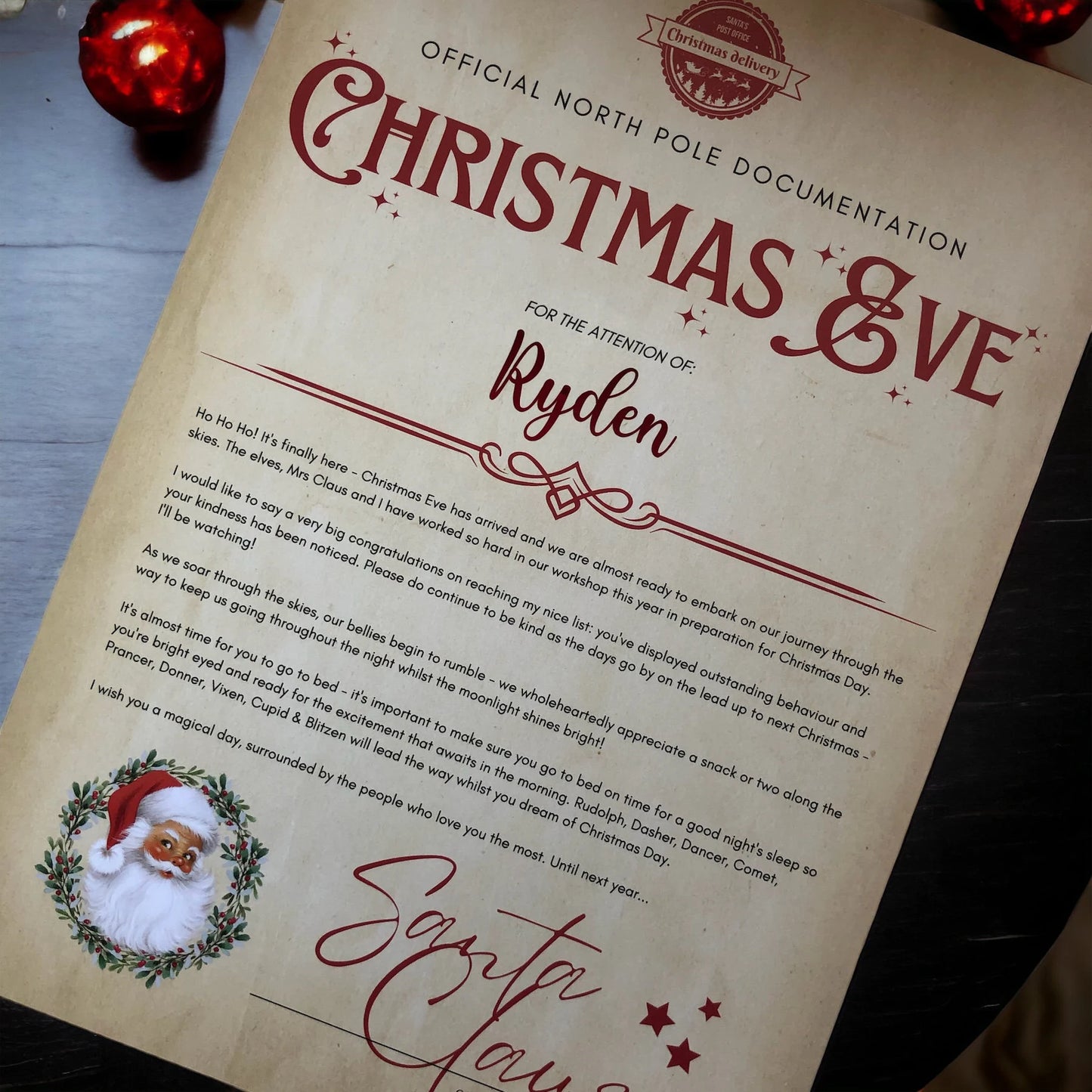 Christmas Eve | Nice List | Santa Letter A4 Certificate Personalised With Name | Xmas Eve Box | Traditional Seasonal Event For Children Kids