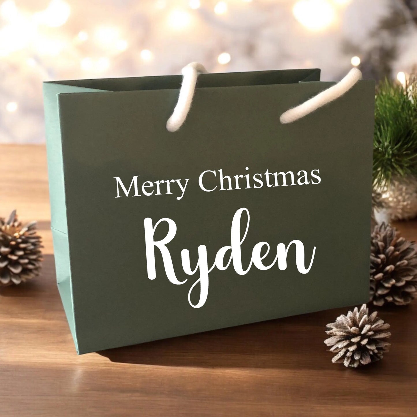 Forest Green Merry Christmas Gift Bag With Rope Handle Personalised With Name Small Medium Large Bags Gifts Present Table Gift Surprise