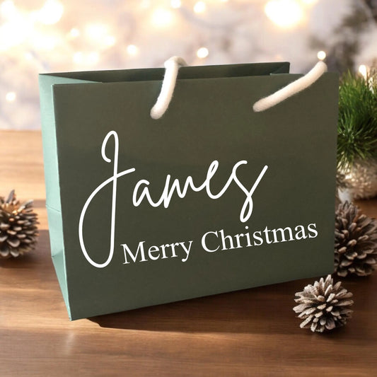 Forest Green Merry Christmas Gift Bag With Rope Handle Personalised With Name Small Medium Large Bags Gifts Present Table Gift Surprise