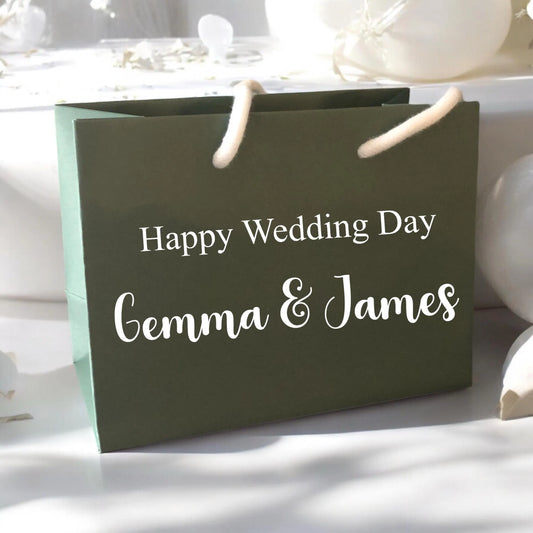 Forest Green Happy Wedding Day Custom Name Gift Bag With Rope Handle Personalised Small Medium Large Bags Gifts Present Table Gift Surprise