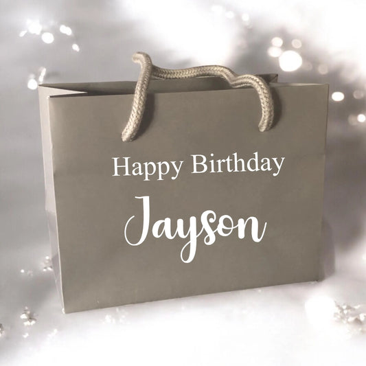 Grey Happy Birthday Custom Name Gift Bag With Rope Handle Personalised Small Medium Large Bags Gifts Present Table Gift Surprise