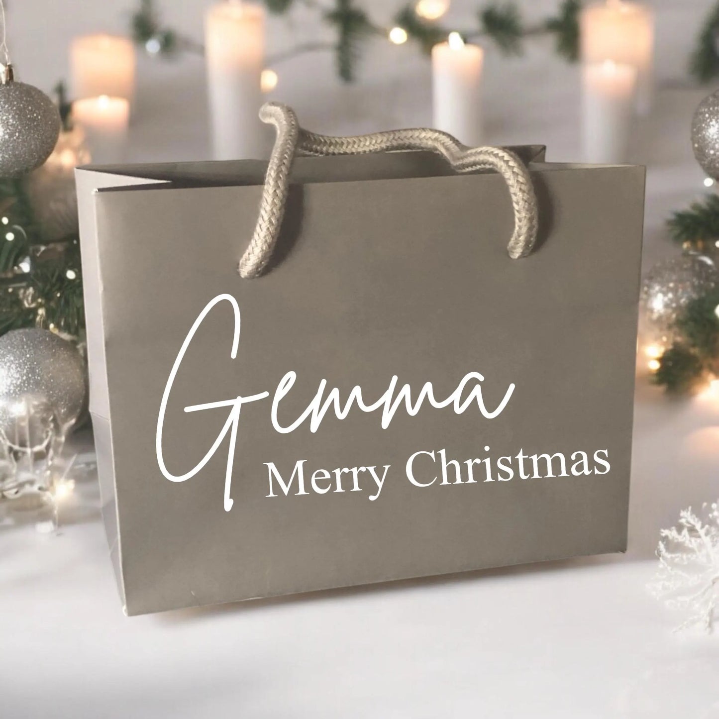 Grey Merry Christmas Gift Bag With Rope Handle Personalised With Name Small Medium Large Bags Gifts Present Table Gift Surprise