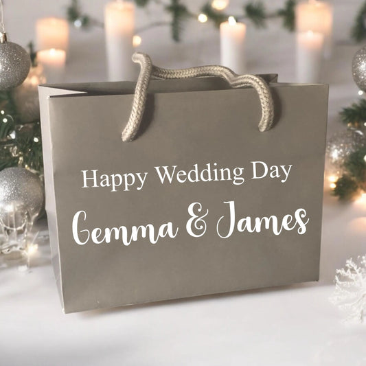 Grey Happy Wedding Day Custom Name Gift Bag With Rope Handle Personalised Small Medium Large Bags Gifts Present Table Gift Surprise