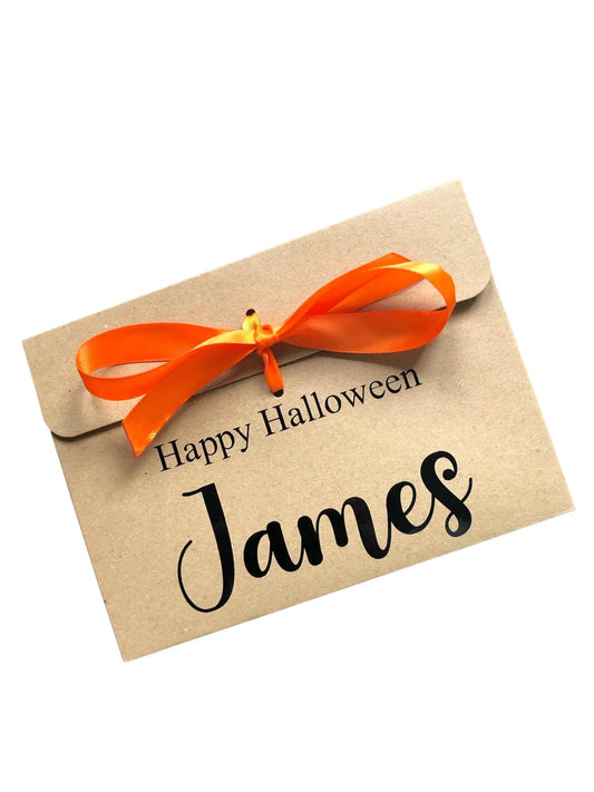 Personalised Happy Halloween Kraft Brown Gift Envelope With Ribbon | For Money/Voucher | Loved Ones Lots Of Ribbon Colours Available | Name