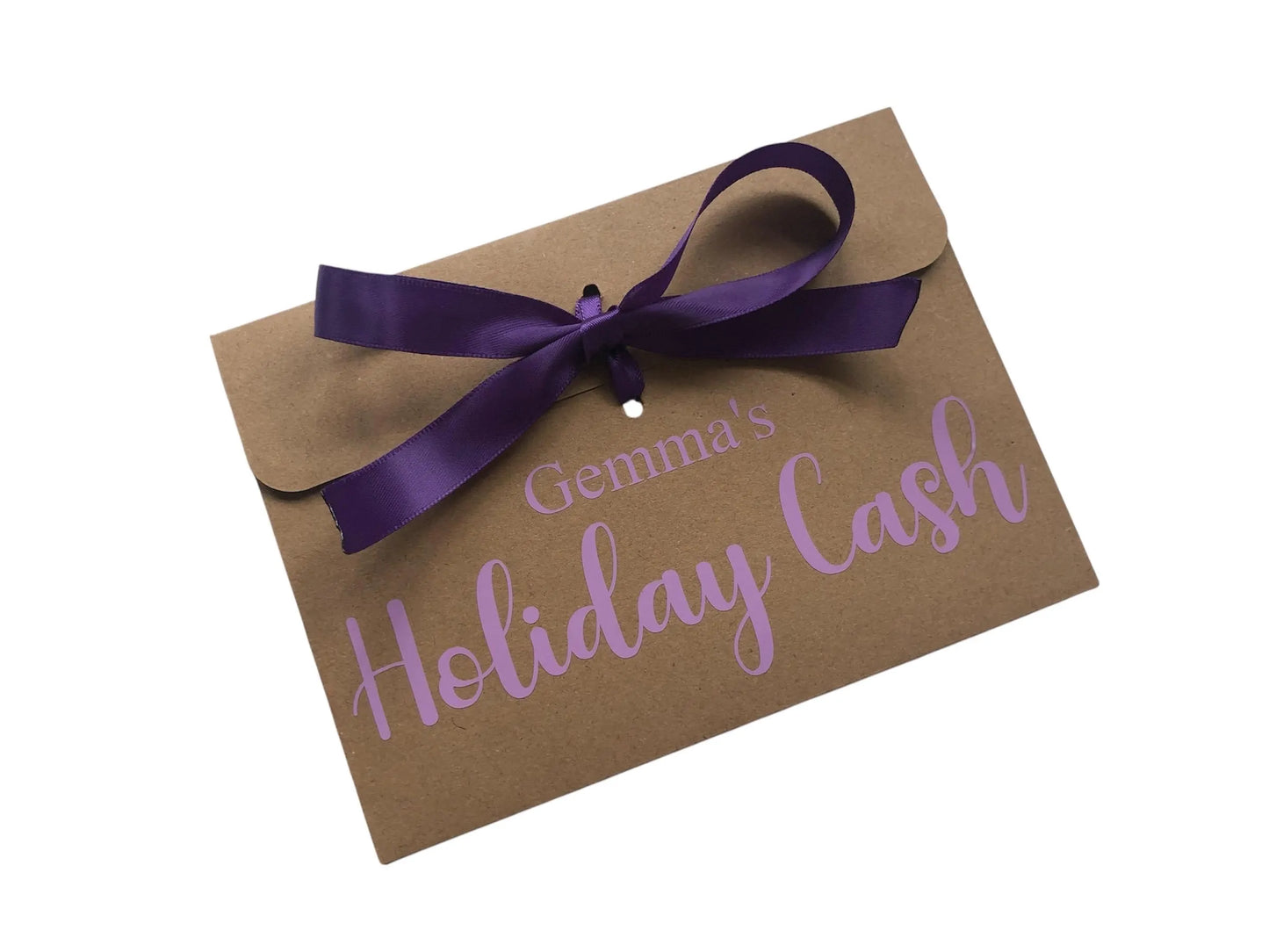 Personalised Holiday Cash Kraft Brown Gift Envelope With Ribbon | For Money/Voucher | Loved Ones Lots Of Ribbon Colours Available | Name