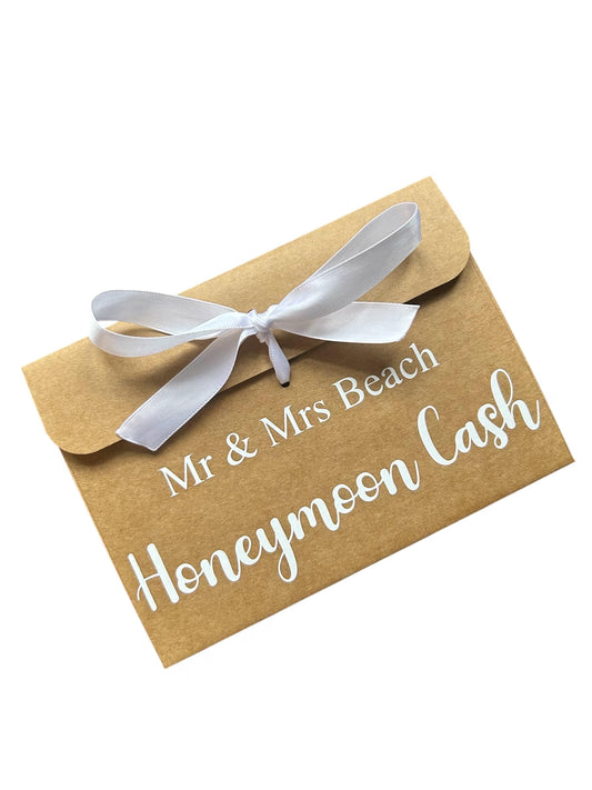 Personalised Honeymoon Cash Kraft Brown Gift Envelope With Ribbon | For Money/Voucher | Loved Ones Lots Of Ribbon Colours Available | Name