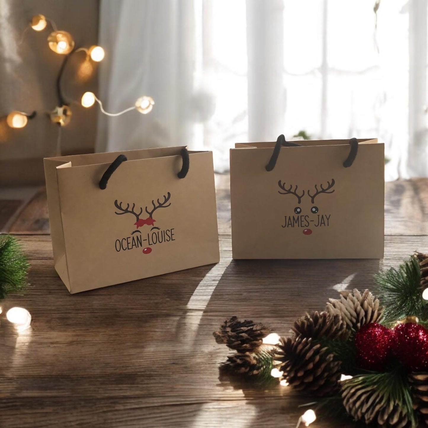 Kraft Brown Reindeer Christmas Gift Bag With Rope Handle Personalised With Name Small Medium Large Bags Gifts Present Table Gift Surprise