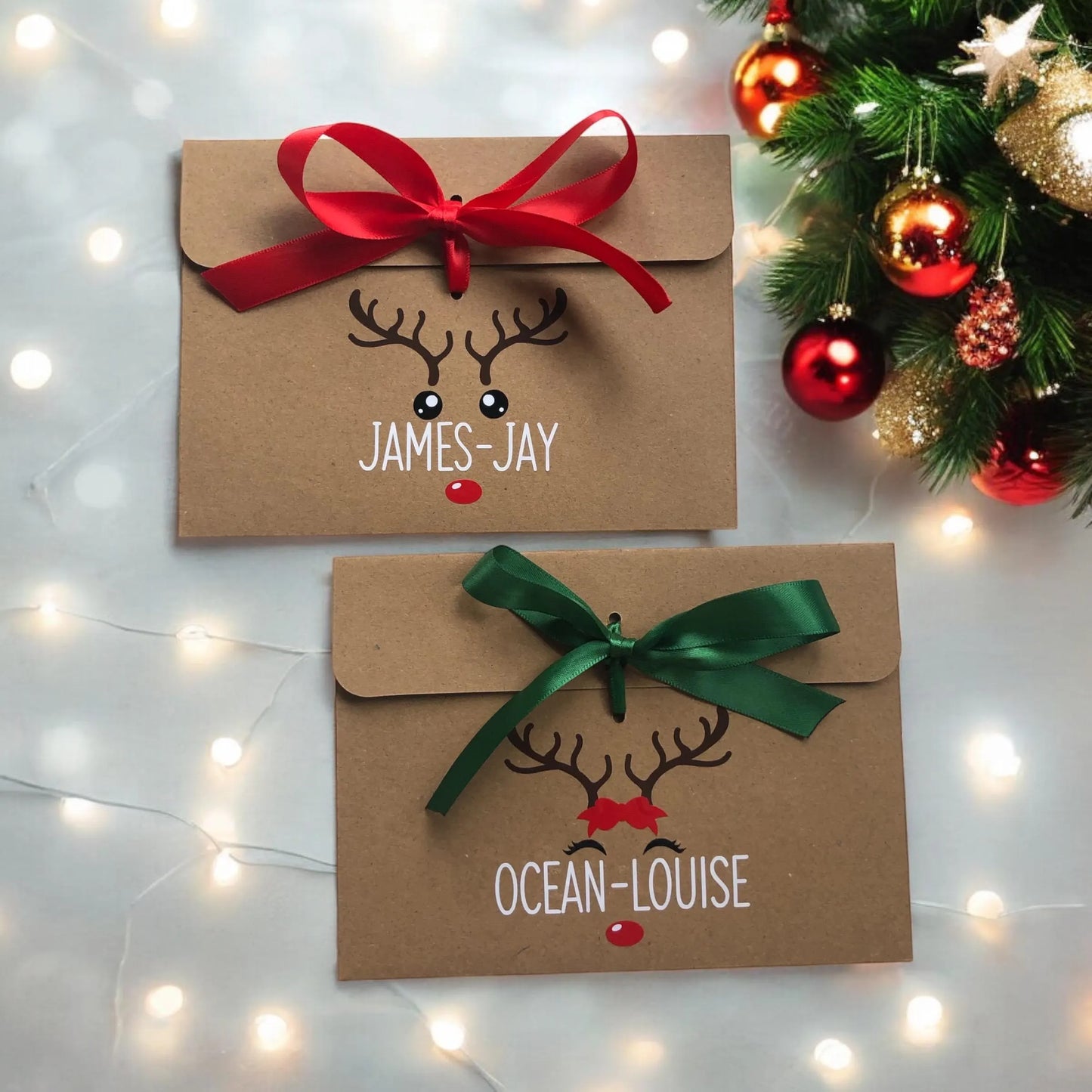 Personalised Reindeer Kraft Brown Gift Envelope With Ribbon Money/Voucher Loved Ones Gift Lots Of Ribbon Colours Available Secret Santa
