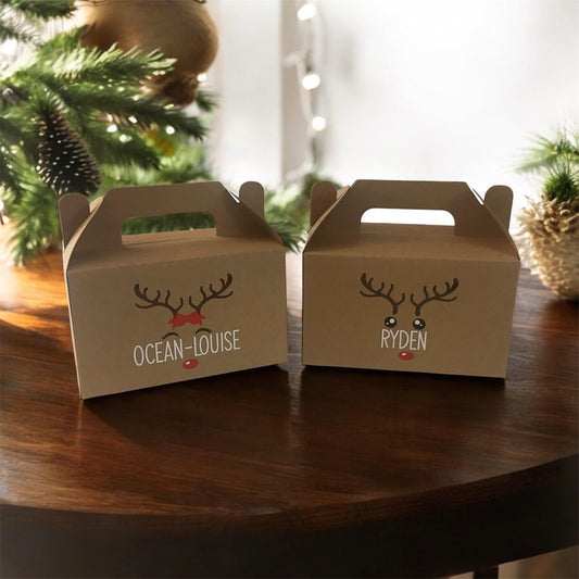 Reindeer Kraft Brown Snack Box | Personalised Christmas Table Gift Box | Xmas Eve Box | Favour Place Name Stocking Filler Small