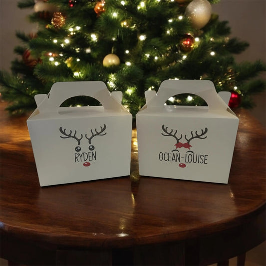 Reindeer White Snack Box | Personalised Christmas Table Gift Box | Xmas Eve Box | Favour Place Name Stocking Filler Small
