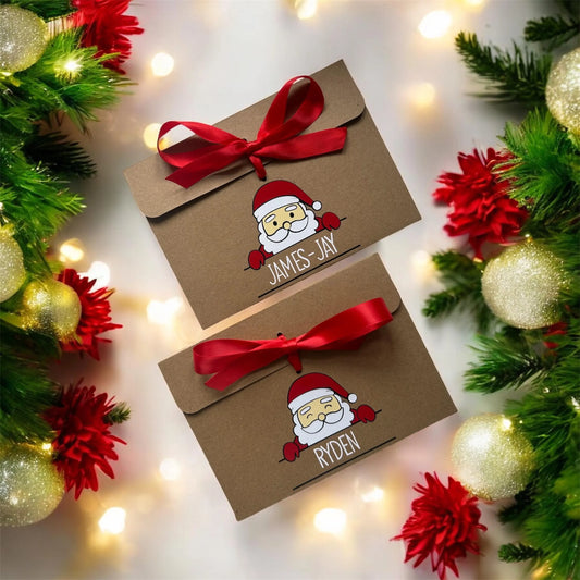 Personalised Santa Father Christmas With Name Kraft Brown Gift Envelope With Ribbon For Money/Voucher Loved Ones Lots Of Ribbon Colours Available