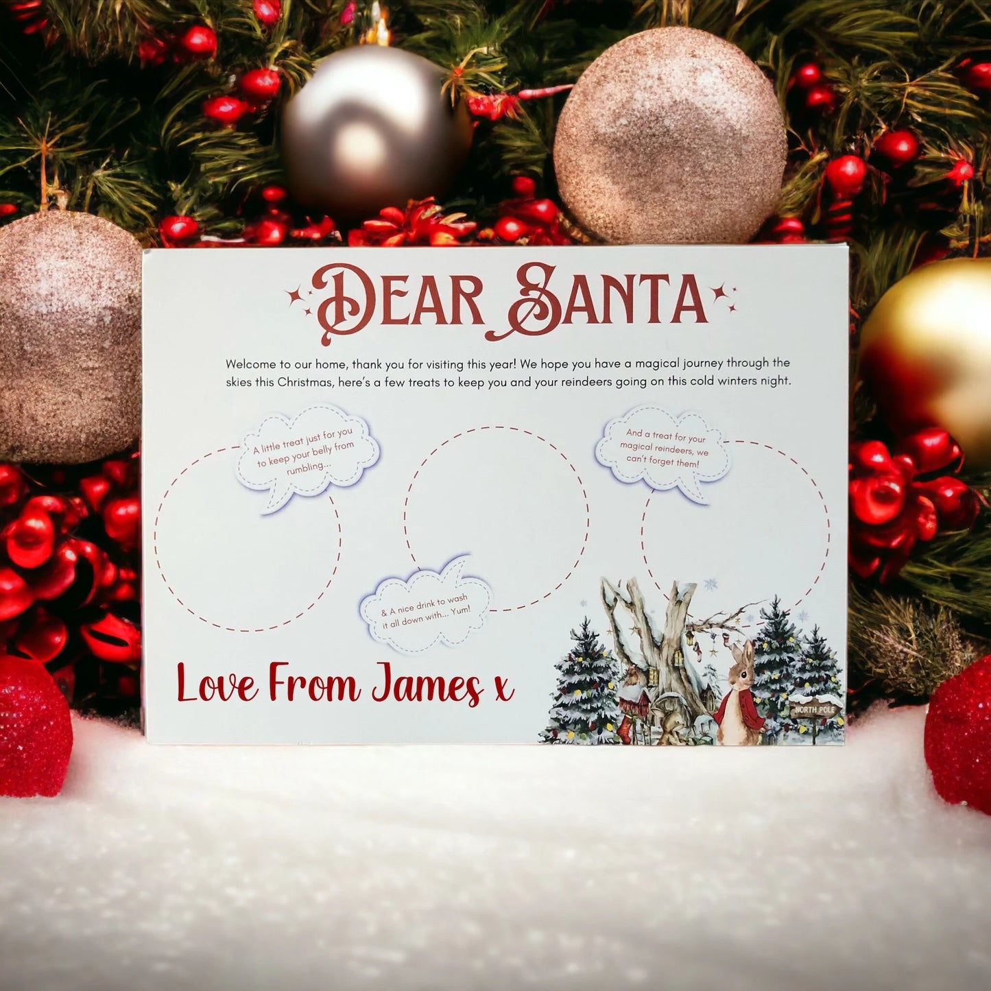 Dear Santa Snack Board Tray | Father Christmas | A4  Personalised With Name | Xmas Eve Box | For Milk Cookie And Carrot | Bunny Scene |