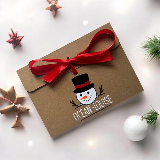 Personalised Snowman Face With Name Kraft Brown Gift Envelope With Ribbon For Money/Voucher Loved Ones Lots Of Ribbon Colours Available