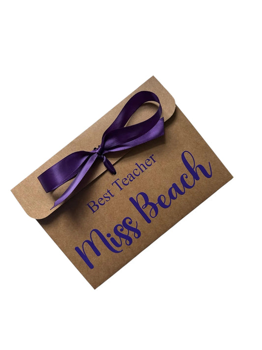 Personalised Best Teacher Kraft Brown Gift Envelope With Ribbon | For Money/Voucher | Loved Ones Lots Of Ribbon Colours Available | Name