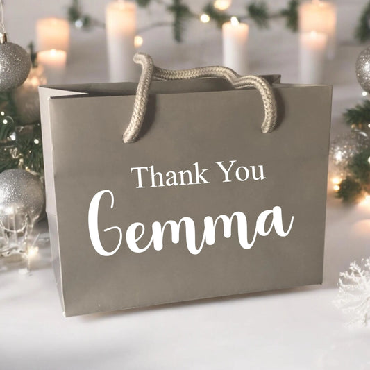 Grey Thank You Gift Bag With Rope Handle Personalised With Name Small Medium Large Bags Gifts Present Table Gift Surprise