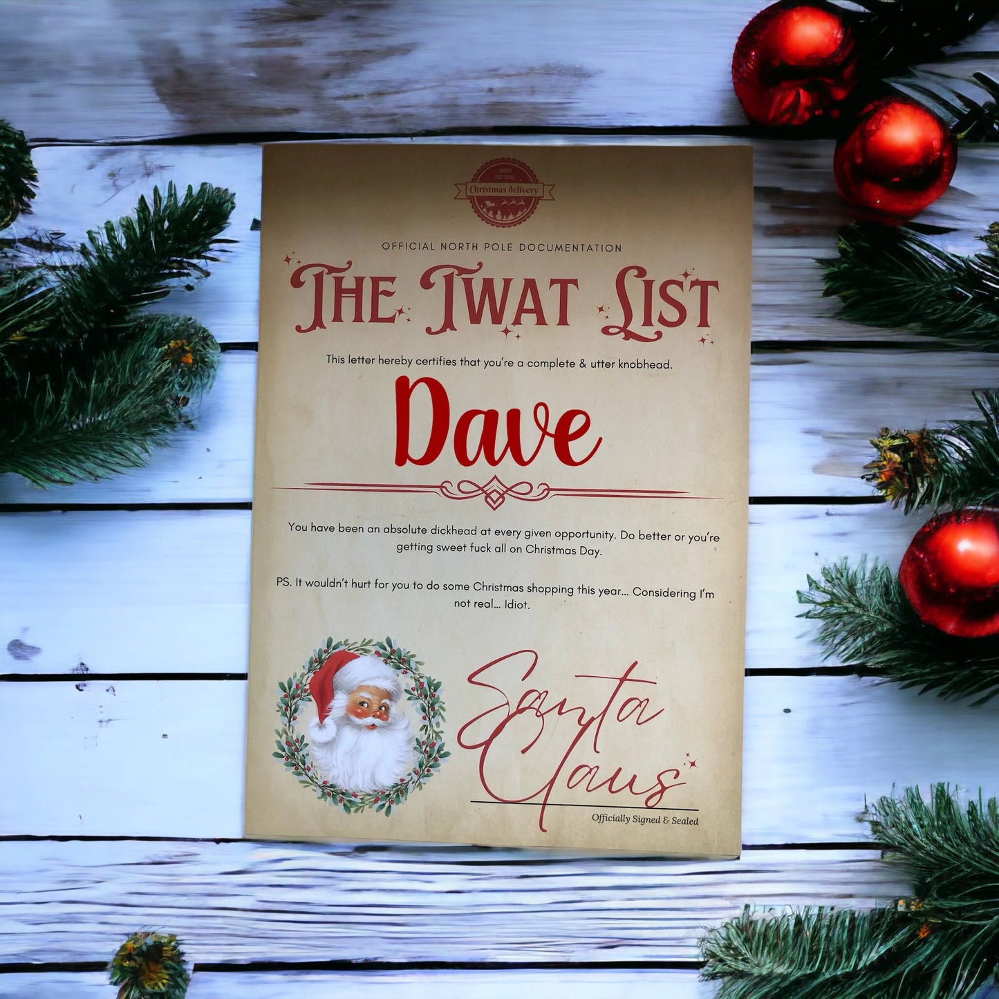 Adult Only Joking Tw@t List | Santa Letter | A4 Certificate Personalised With Name | Xmas Eve Box | Rude Fun For Him Funny Joke Humour