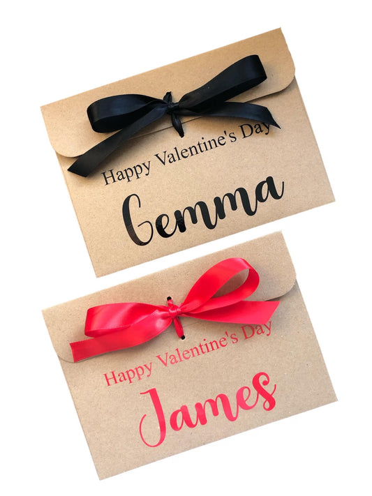 Personalised Happy Valentine's Day Kraft Brown Gift Envelope With Ribbon | For Money/Voucher | Loved Ones Lots Of Ribbon Colours Available | Name