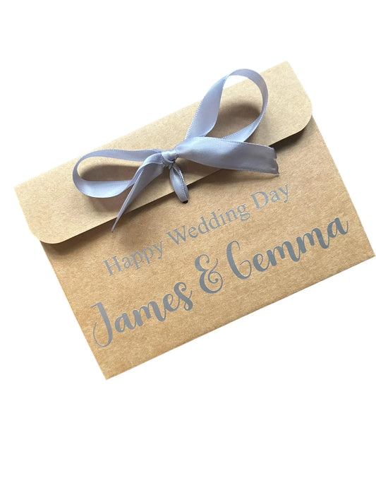 Personalised Happy Wedding Day Kraft Brown Gift Envelope With Ribbon | For Money/Voucher | Loved Ones Lots Of Ribbon Colours Available | Name