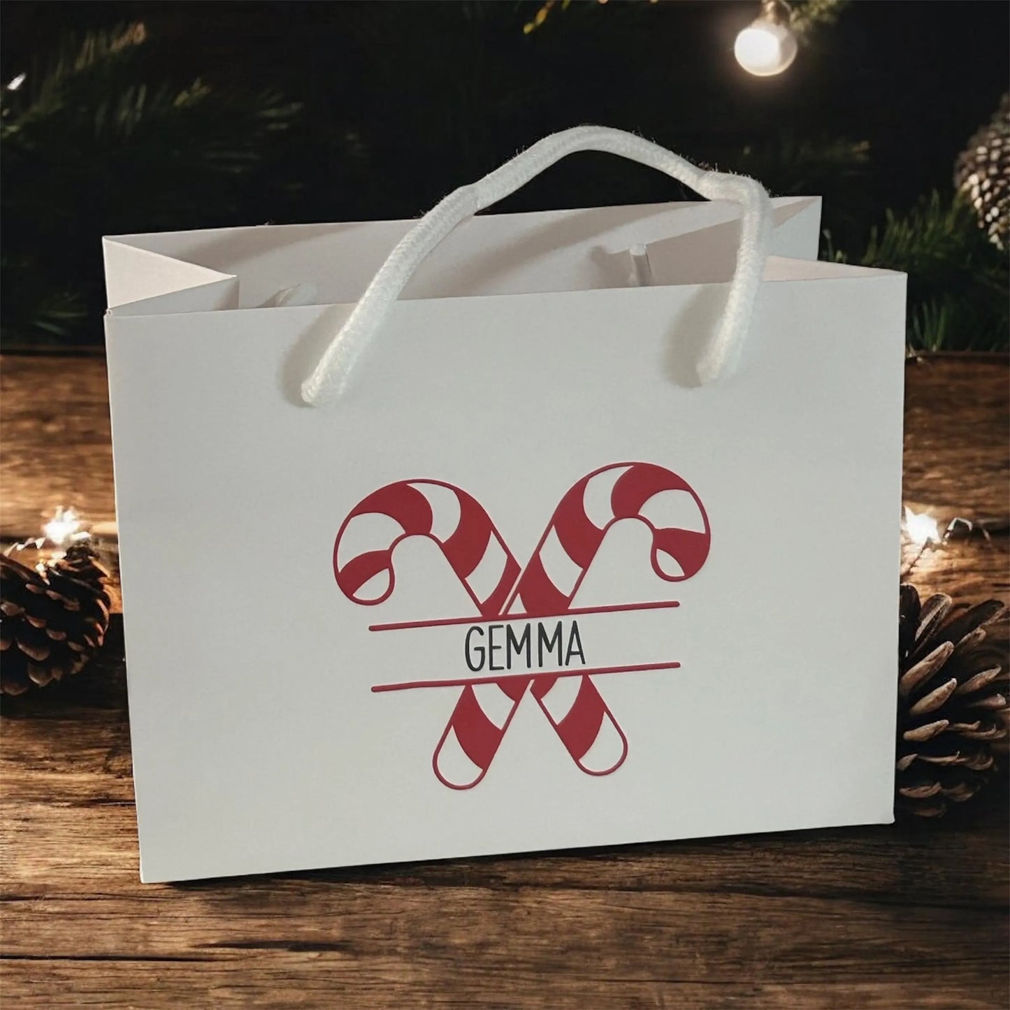 White Candy Cane Christmas Gift Bag With Rope Handle Personalised With Name Small Medium Large Bags Gifts Present Table Gift Surprise